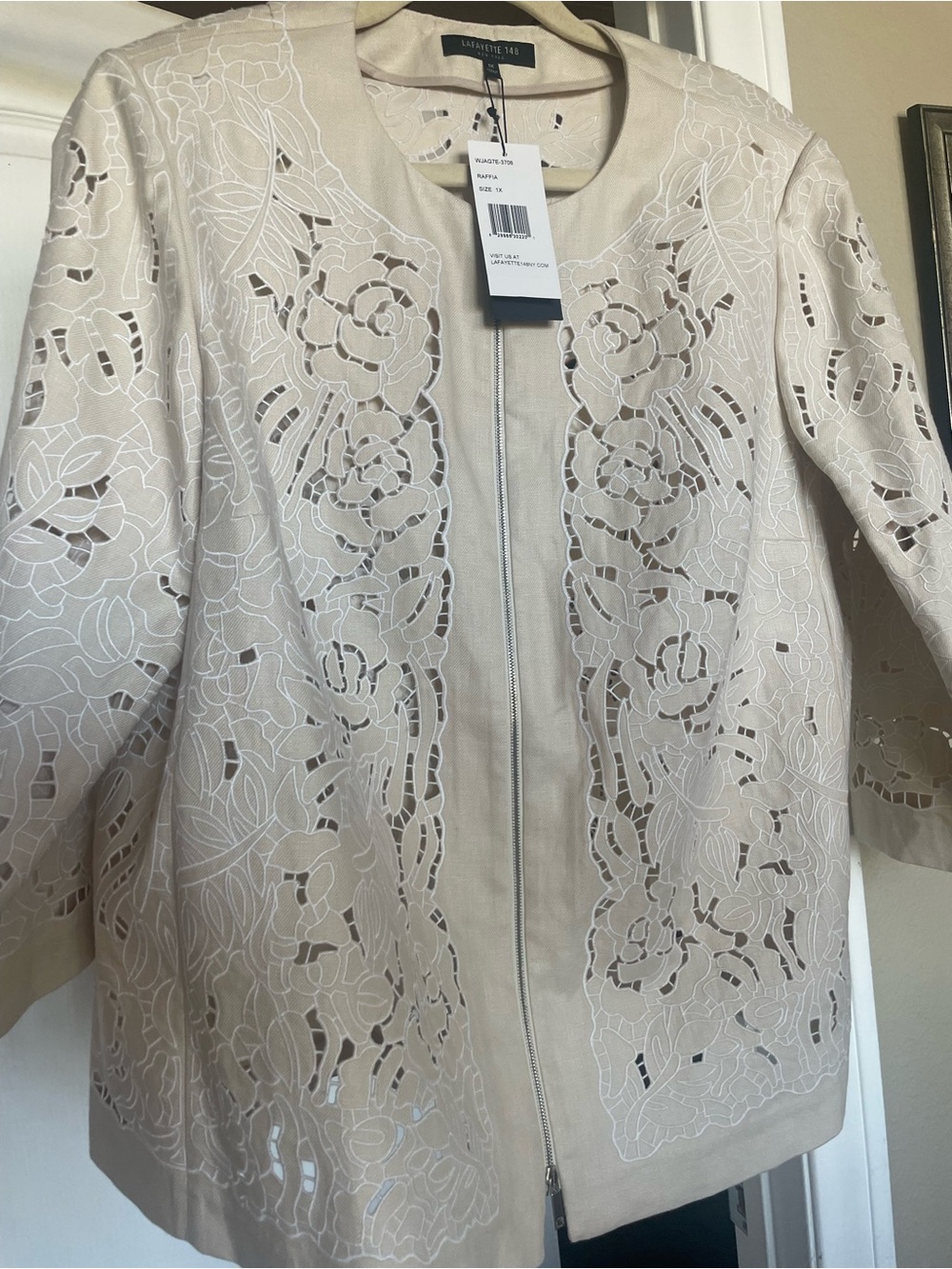 Lafayette 148 New York Beige Laser-Cut Floral Zip Jacket